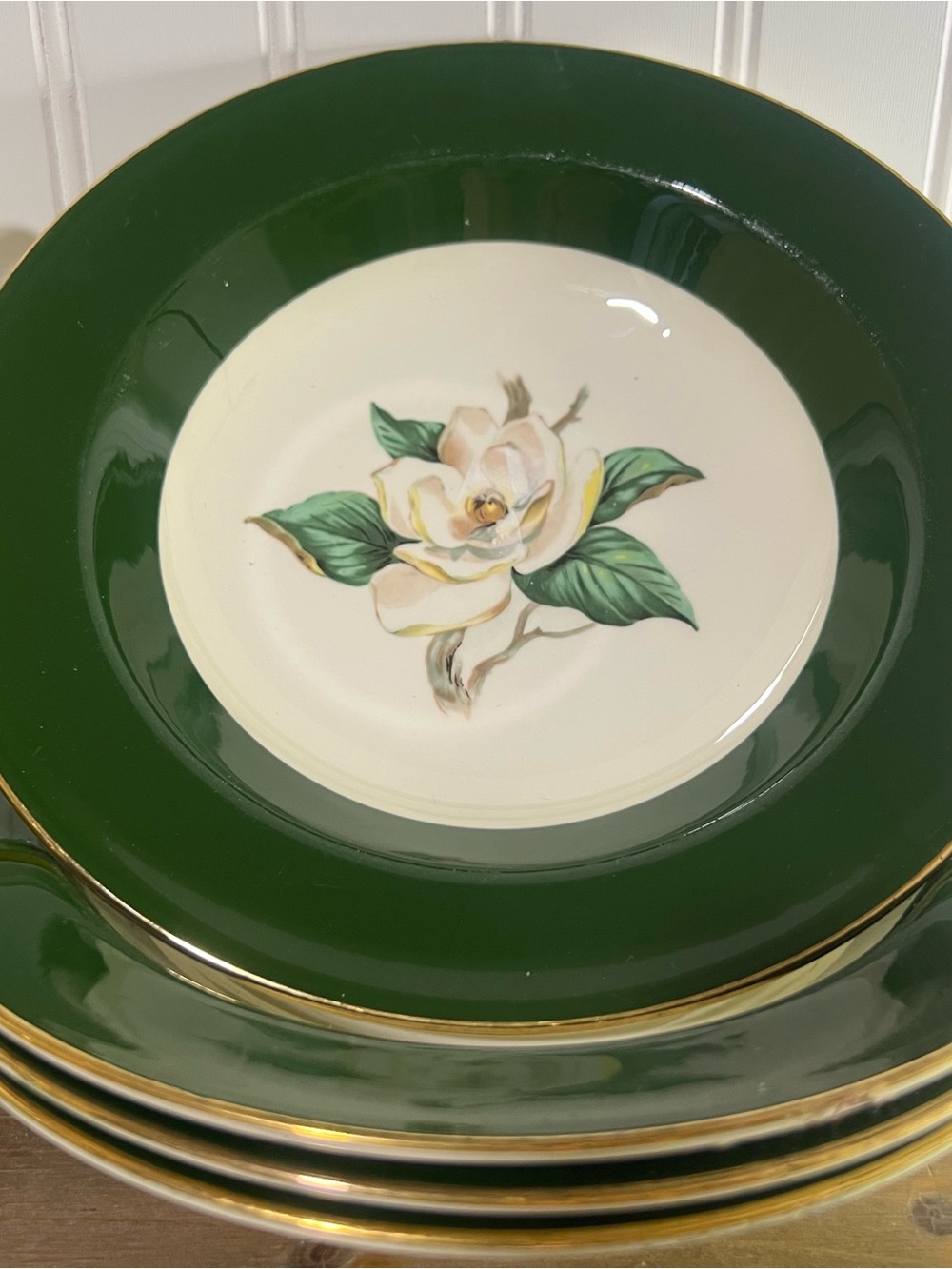 (4) Homer Laughlin Jaderose Green and White Magnolia Plate with Gold Trim